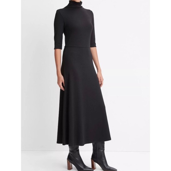 Vince Dresses & Skirts - Vince Dress Women's Large Black Elbow Sleeve Mock Neck Fit and Flare Midi NWT